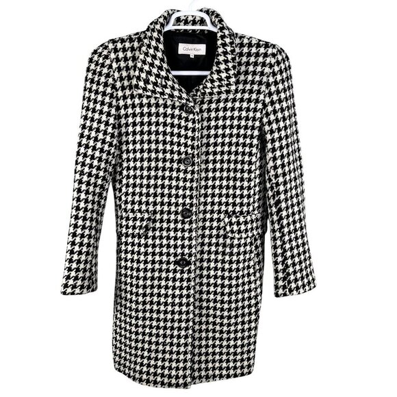 Calvin Klein Women 8 Houndstooth Wool Blend Coat Black White Button Up Old Money - Picture 8 of 16
